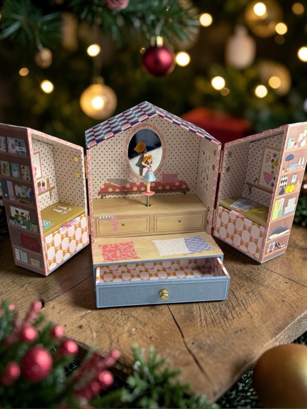 Djeco Tinou Crank Musical Jewelry Box Doll House Pull Out Drawers Dancing Girl